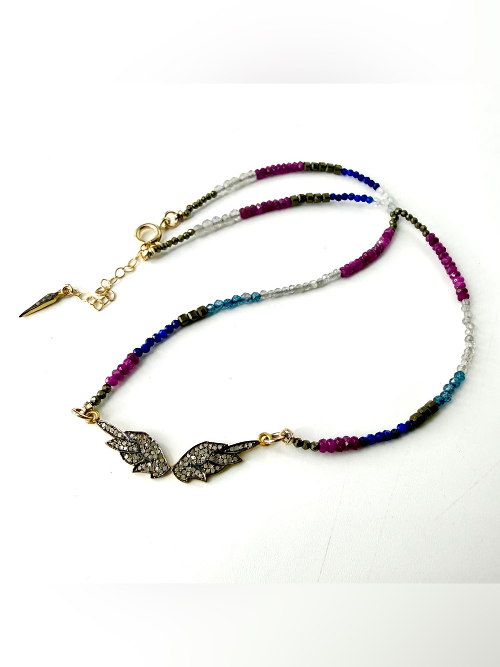Pave’ Diamond Angel Wings Pendant, Mixed Metal Mixed Gemstone Necklace
